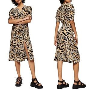 Topshop Leopard Print Dress With Slit, Pleats and Short Sleeves US Size 2